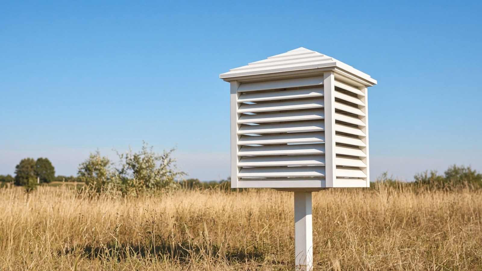 Meteorologická búdka na trávnatej ploche observatória v Hurbanove v horúcom letnom popoludní, v pozadí vyprahnutá tráva a modrá obloha